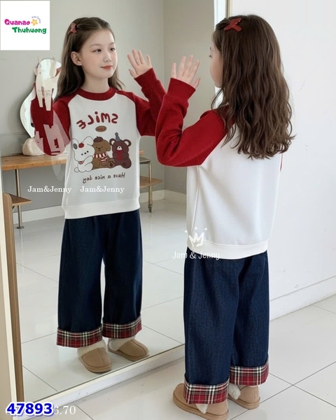 Set J&J áo trắng Smile, quần jean dài