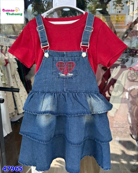 Set đầm yếm jean trái tim, áo đỏ