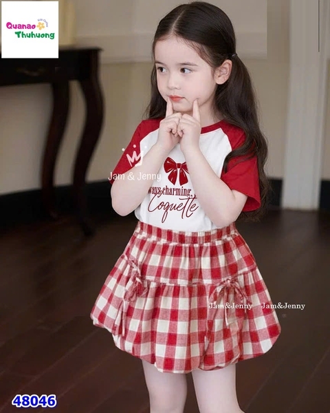Set váy J&J trắng tay đỏ nơ, váy bí caro đỏ