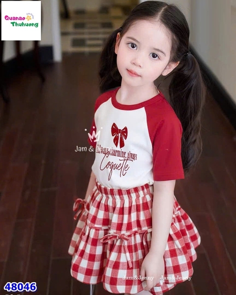 Set váy J&J trắng tay đỏ nơ, váy bí caro đỏ