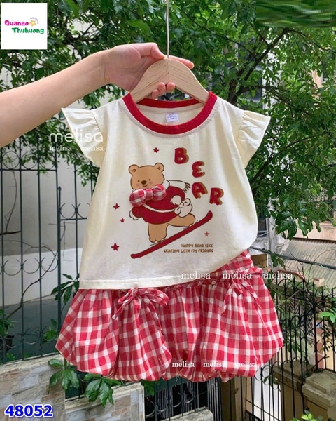 Set váy MLS kem gấu nâu, váy bí caro đỏ