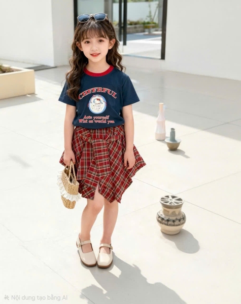 Set áo xanh đen Kitty, chân váy caro đỏ