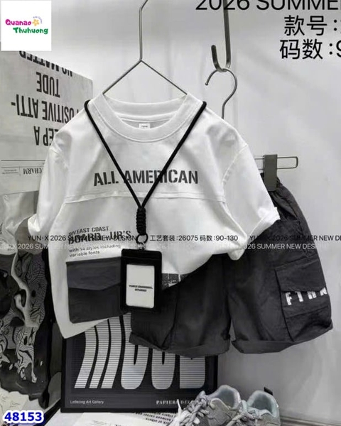 Set áo trắng All American, quần kaki xám