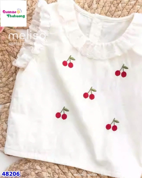Set MLS trắng Cherry, chân váy caro đỏ