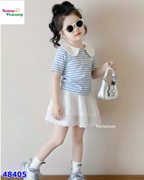 Set váy Sofia sọc xanh đính nơ