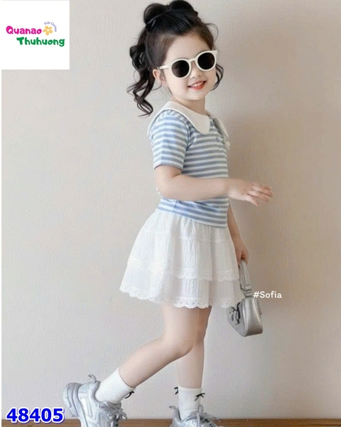 Set váy Sofia sọc xanh đính nơ
