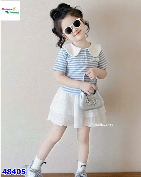 Set váy Sofia sọc xanh đính nơ