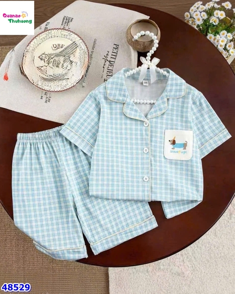 Bộ Pyjama đùi caro xanh dương cún
