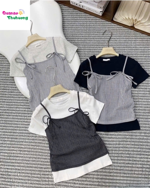 Áo thun đen dây sọc caro xám