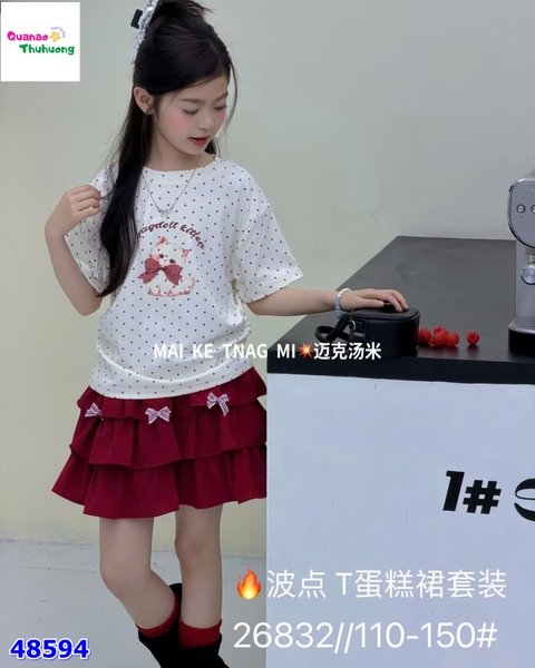 Set áo kem chấm bi mèo nơ đỏ