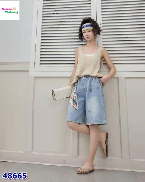 Quần jean lửng xanh thêu nơ