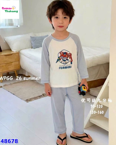 Bộ Tencel dài trắng robot tay xanh