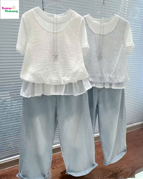 Set bộ áo trắng yếm kem lấp lánh