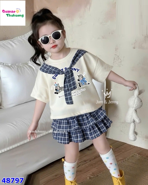 Set váy J&J áo kem ngựa vằn