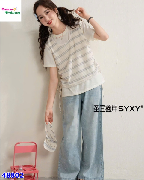 Set Syxy áo kem yếm sọc xanh + túi