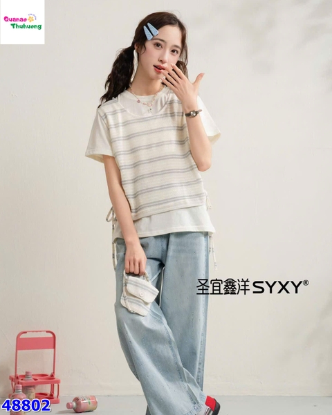 Set Syxy áo kem yếm sọc xanh + túi