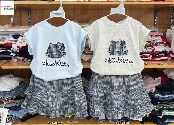 Set áo xanh Kitty, váy caro xanh