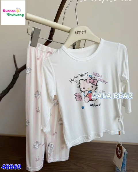 Bộ Tencel T dài trắng Kitty & gấu