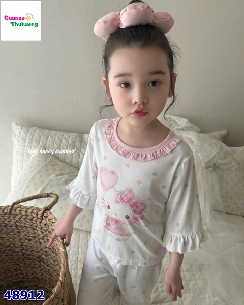 Bộ Tencel lửng Honey trắng Kitty bóng bay
