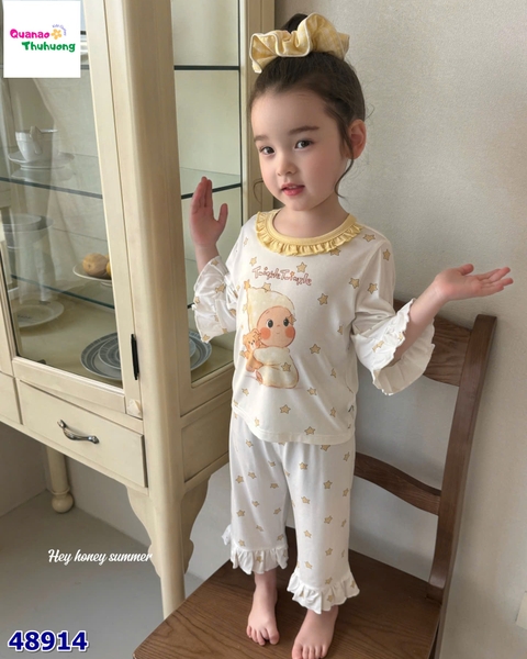 Bộ Tencel lửng Honey trắng em bé ôm gấu