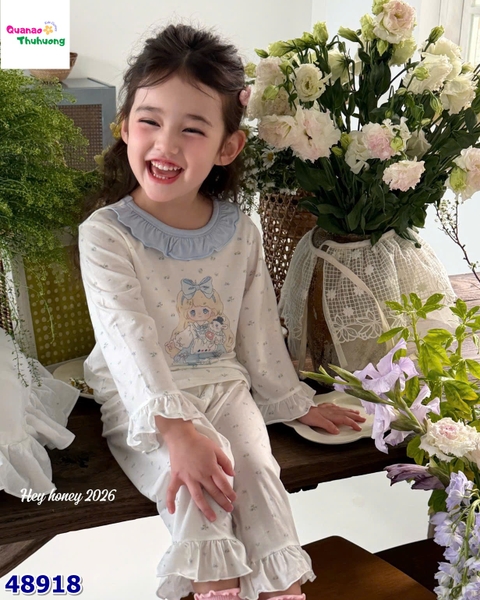 Bộ Tencel dài Honey trắng cô gái viền xanh