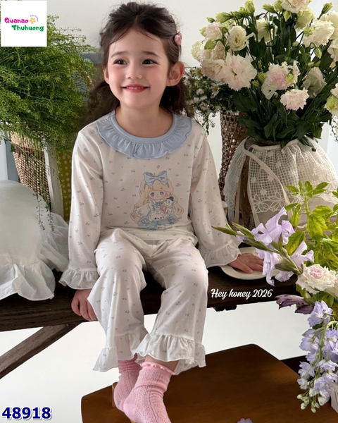 Bộ Tencel dài Honey trắng cô gái viền xanh