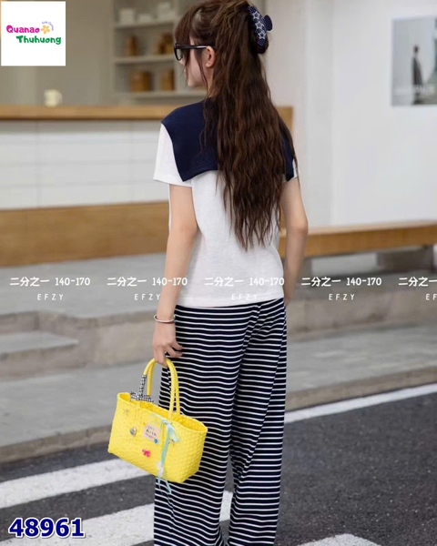 Set áo trắng choàng khăn, quần sọc đen