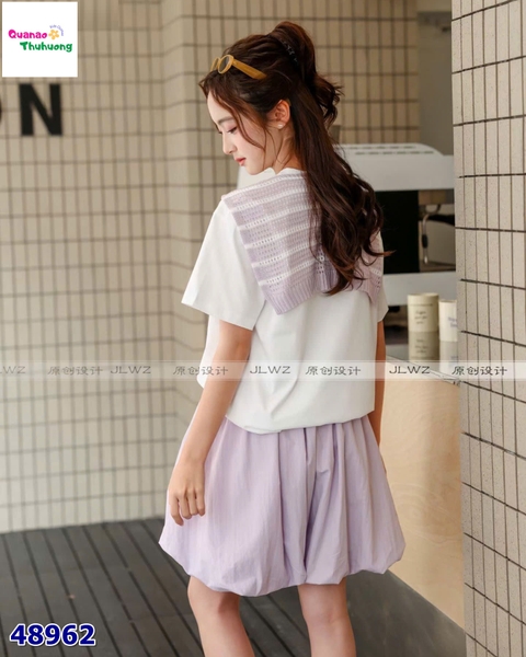 Set áo trắng Goldy choang khăn, quần bí tím