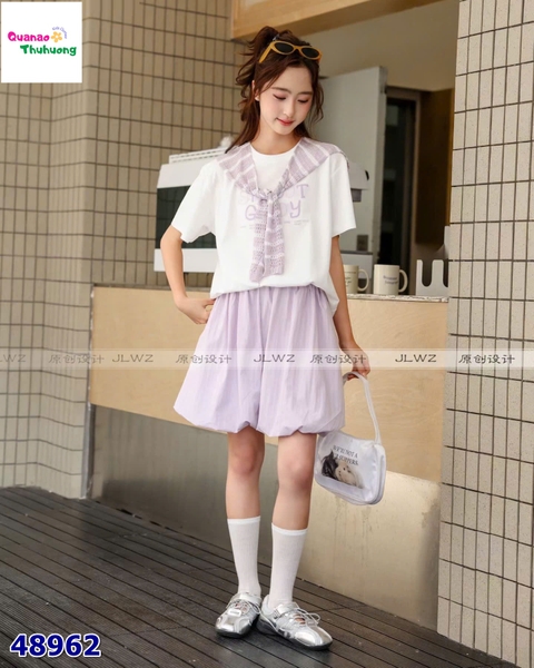 Set áo trắng Goldy choang khăn, quần bí tím