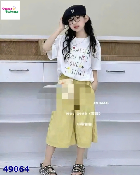 Set DDH áo trắng I will try, quần xanh kem (tặng túi cói)