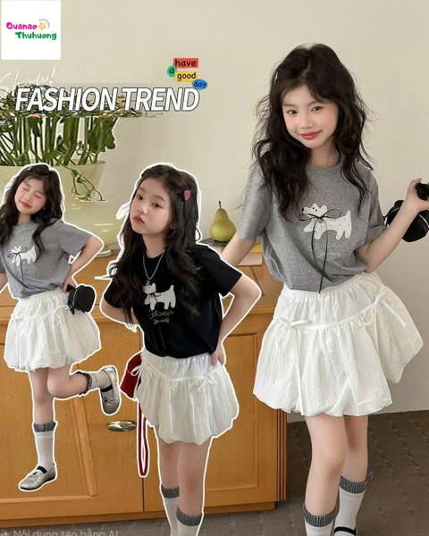 Set DDH áo đen in cún, chân váy bí trắng
