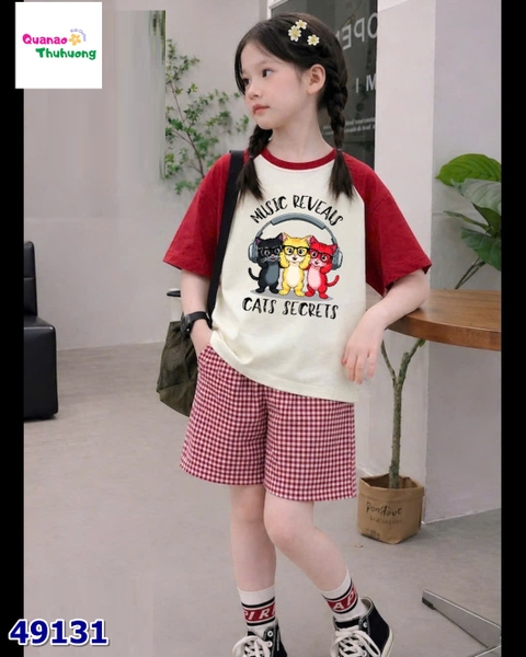 Bộ Tada kem mèo, quần caro đỏ