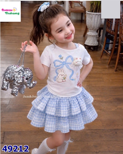 Set váy J&J caro xanh, áo trắng thỏ