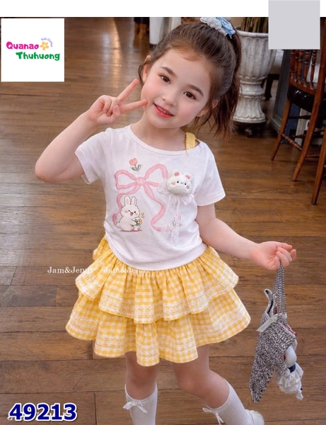 Set váy J&J caro vàng, áo trắng thỏ