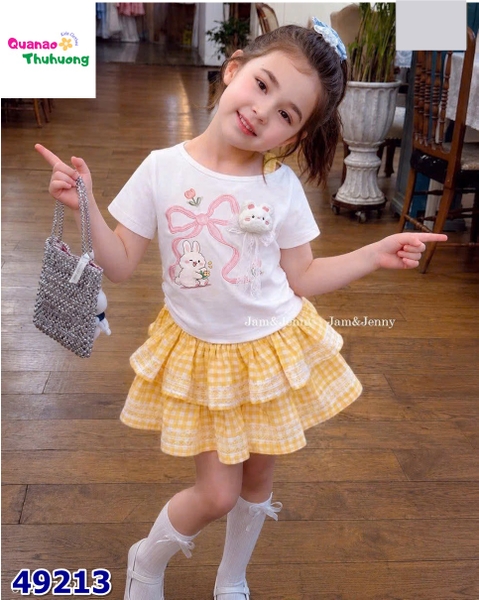Set váy J&J caro vàng, áo trắng thỏ