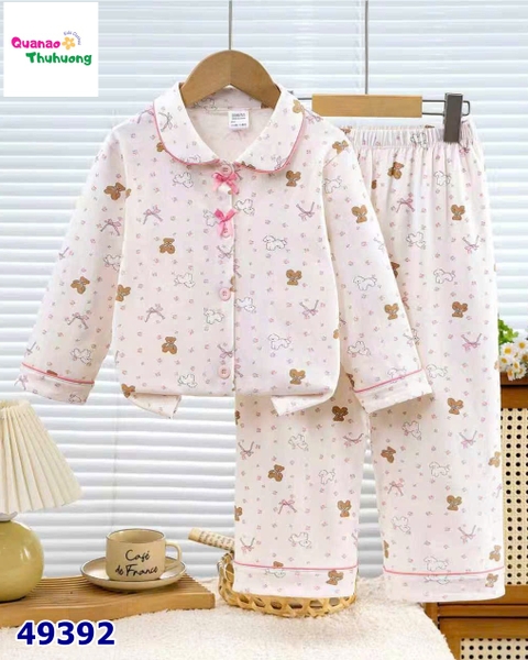 Pyjama Qke cổ sen hồng cún và gấu đính nơ