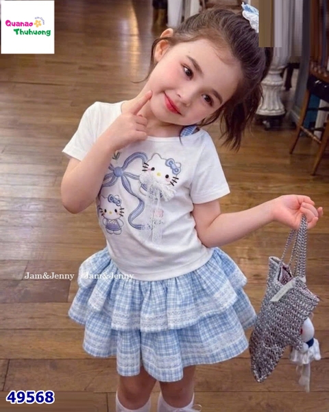 Set J&J trắng Kitty, váy caro xanh