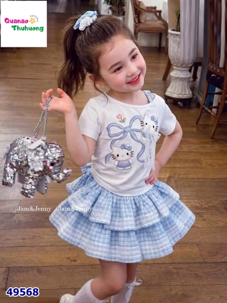 Set J&J trắng Kitty, váy caro xanh