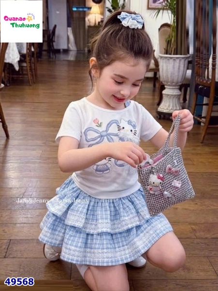 Set J&J trắng Kitty, váy caro xanh