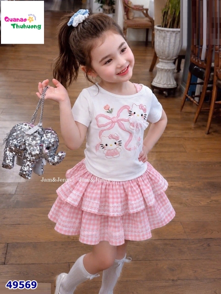 Set J&J trắng Kitty, váy caro hồng