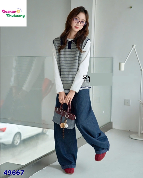 Set Syci gile sọc xám, quần jean xanh