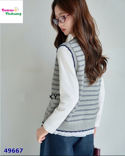 Set Syci gile sọc xám, quần jean xanh