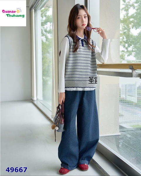 Set Syci gile sọc xám, quần jean xanh