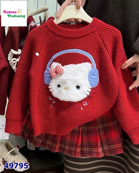 Set áo len đỏ Kitty, chân váy caro đỏ