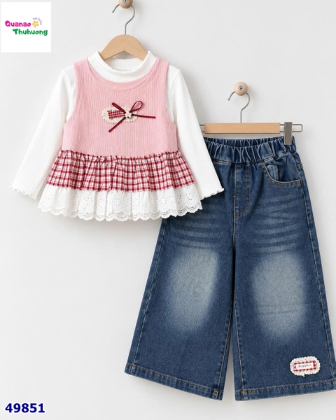 Set 3 món: Áo dài, áo len hồng đính nơ, quần jean