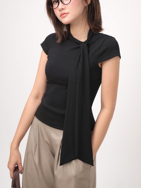 Short-Sleeve Tie-Neck Jersey Top, image 5