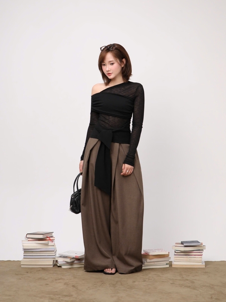 Asymmetric Long-Sleeve Tie-Waist Jersey Top, image 8