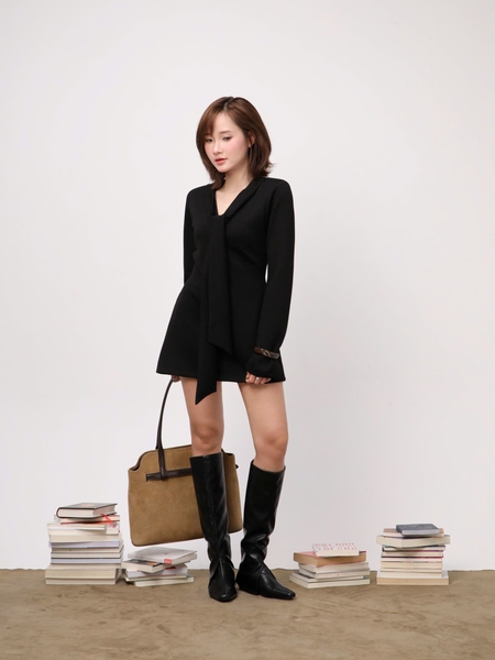 V-Neck Tie-Detail Long-Sleeve Mini Dress, image 9