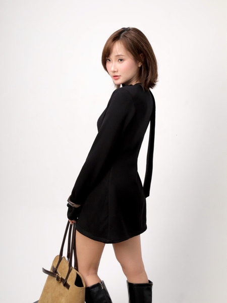 V-Neck Tie-Detail Long-Sleeve Mini Dress, image 5