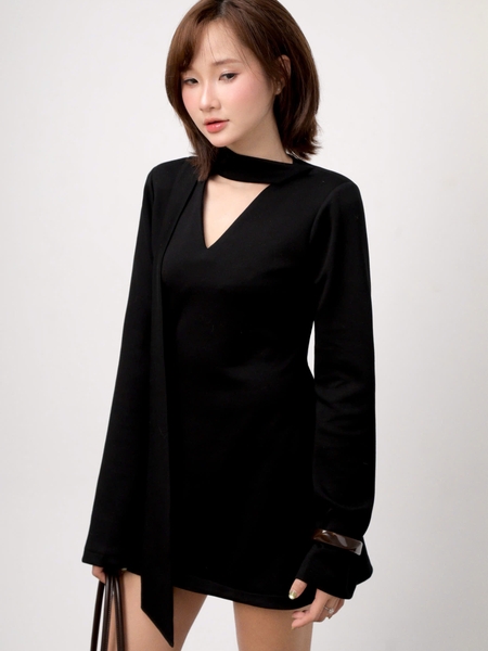 V-Neck Tie-Detail Long-Sleeve Mini Dress, image 3